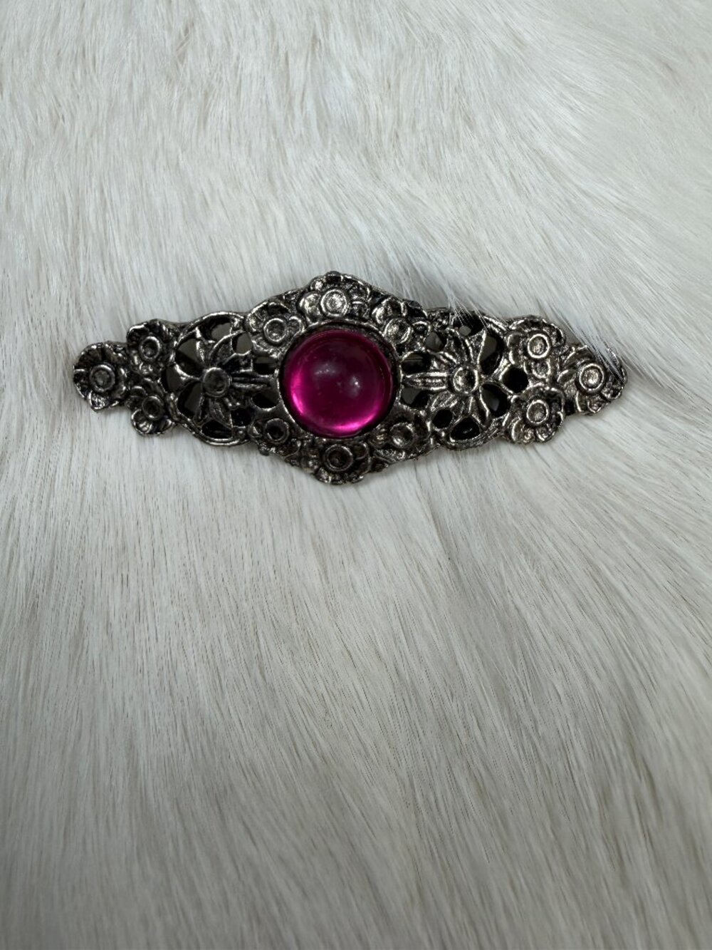 Silver Tone Purple Cab Flower Brooch  1" X 2.5"